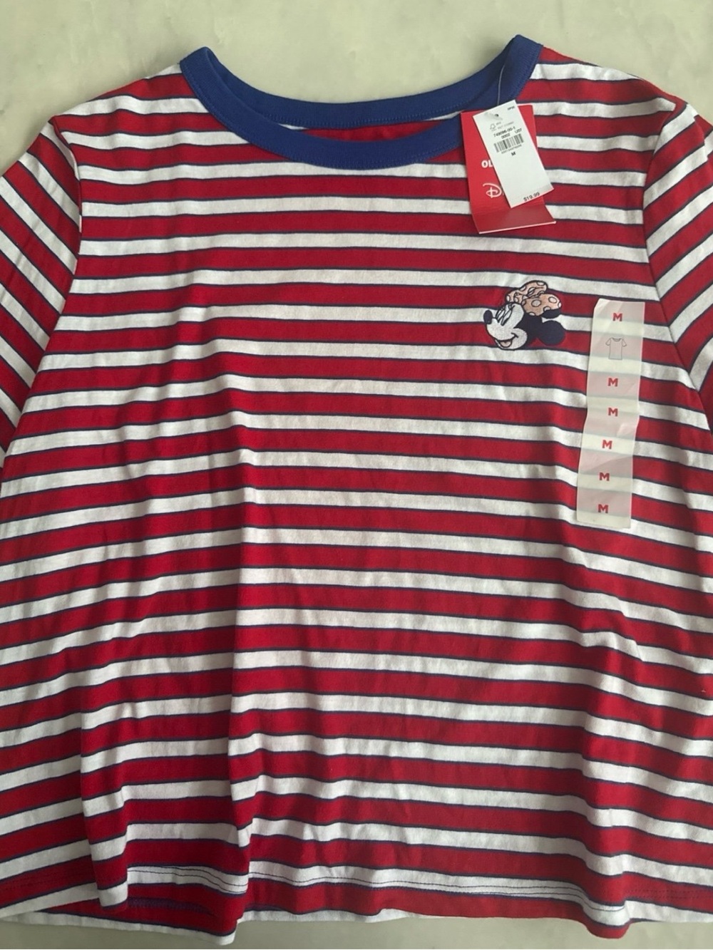 Women’s Disney Minnie Red & White Striped Tee with Blue Neckline size Med nwt